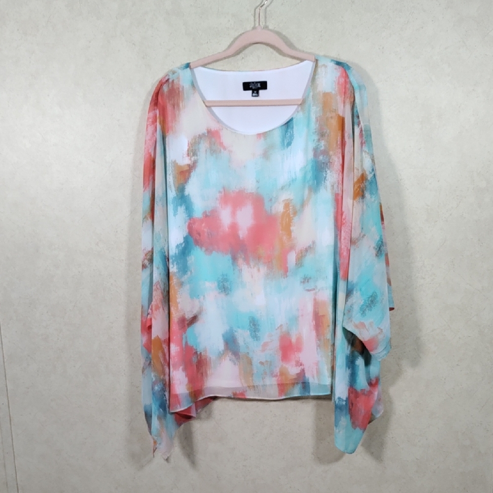 *E139 Slim Factor aqua & peach lined butterfly sleeve blouse 3X CLEARANCE